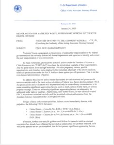 A DOJ memorandum to the Civil Rights Division instructing them to dismiss with prejudice three FACE Act prosecutions against pro-life protesters, obtained by the Daily Caller. (1/24/25)