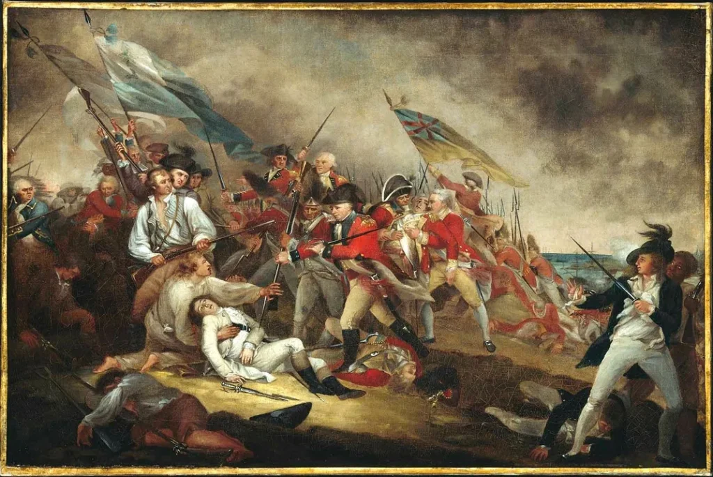 John Pitcairn falls into the arms of his son (center right) in this John Trumbull painting of the Battle of Bunker Hill. Public domain via Wikimedia Commons