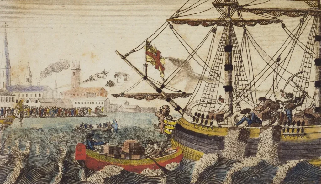 A 1789 illustration of the Boston Tea Party, then known as "the destruction of tea at Boston Harbor," by British engraver W.D. Cooper Public domain via Wikimedia Commons