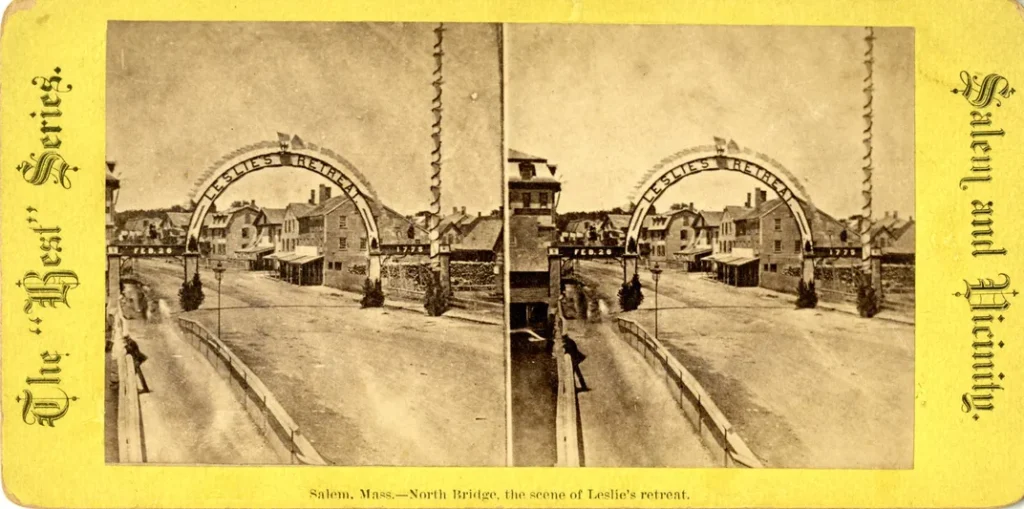 View of a triumphal arch commemorating Leslie's Retreat on Salem's North Bridge | Salem State University Archives and Special Collections under CC BY 2.0