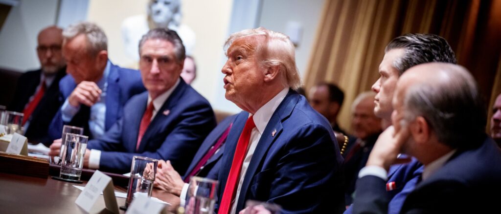 WASHINGTON, DC – FEBRUARY 26: U.S. President Donald Trump, accompanied by (L-R) Office of Management and Budget Director Russell Vought, U.S. Health and Human Services Secretary Robert F. Kennedy Jr., U.S. Interior Secretary Doug Burgum, U.S. Defense Secretary Pete Hegseth, and U.S. Commerce Secretary Howard Lutnick, speaks during a Cabinet meeting at the White House on February 26, 2025 in Washington, DC. | Andrew Harnik/Getty Images)