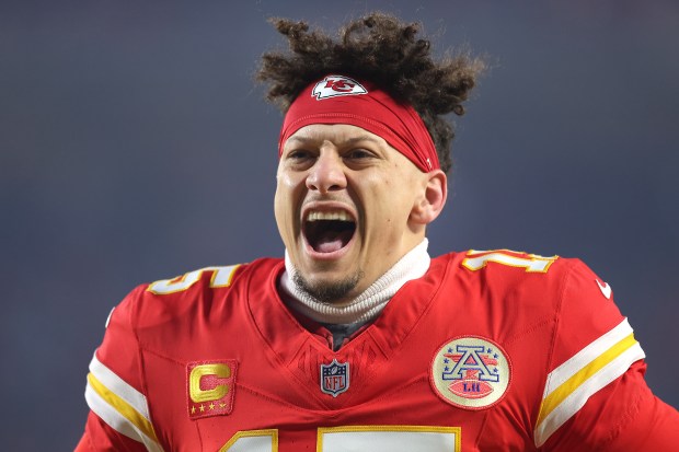 Patrick Mahomes #15 of the Kansas City Chiefs reacts as he runs onto the field prior to the AFC Championship Game against the Buffalo Bills at GEHA Field at Arrowhead Stadium on Jan. 26, 2025 in Kansas City, Missouri. (Photo by David Eulitt/Getty Images)