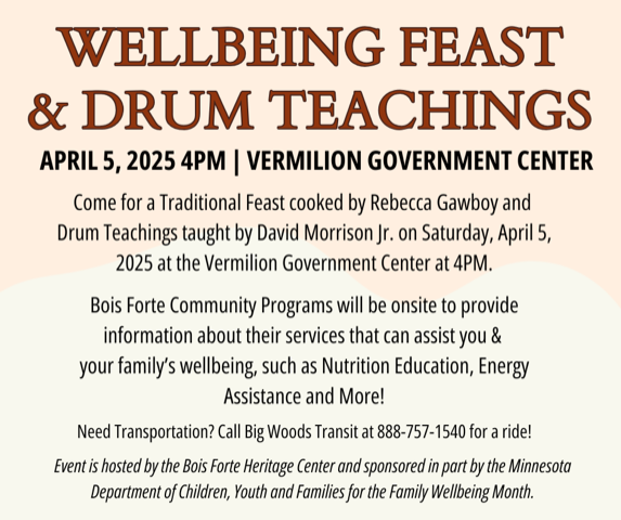 Wellbeing Feast and drum teachings event April 5th