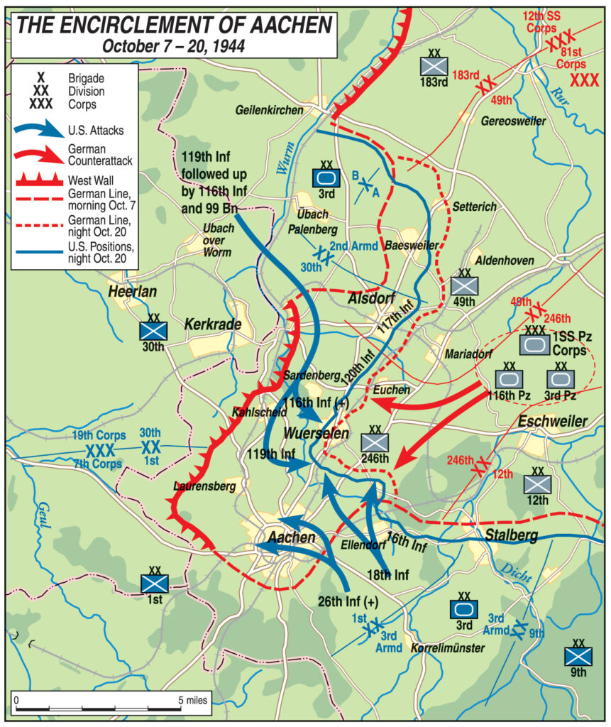 American forces labored to encircle the border city of Aachen on the German frontier and expended tremendous manpower and supplies before its surrender. | Map © 2008 Philip Schwartzberg, Meridian Mapping, Minneapolis, MN