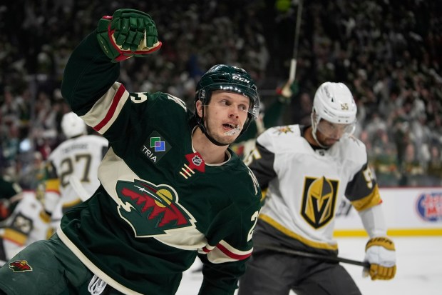 Minnesota Wild center Marco Rossi (23) celebrates after scoring during the first period of Game 3 of a first-round NHL hockey playoff series against the Vegas Golden Knights, Thursday, April 24, 2025, in St. Paul, Minn. | AP Photo/Abbie Parr