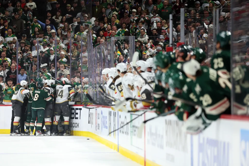 Members of the Vegas Golden Knights and Minnesota Wild get into a scrum in the first period of Game Three of the First Round of the 2025 Stanley Cup Playoffs at Xcel Energy Center on April 24, 2025 in St Paul, Minnesota. | Photo by David Berding/Getty Images)\