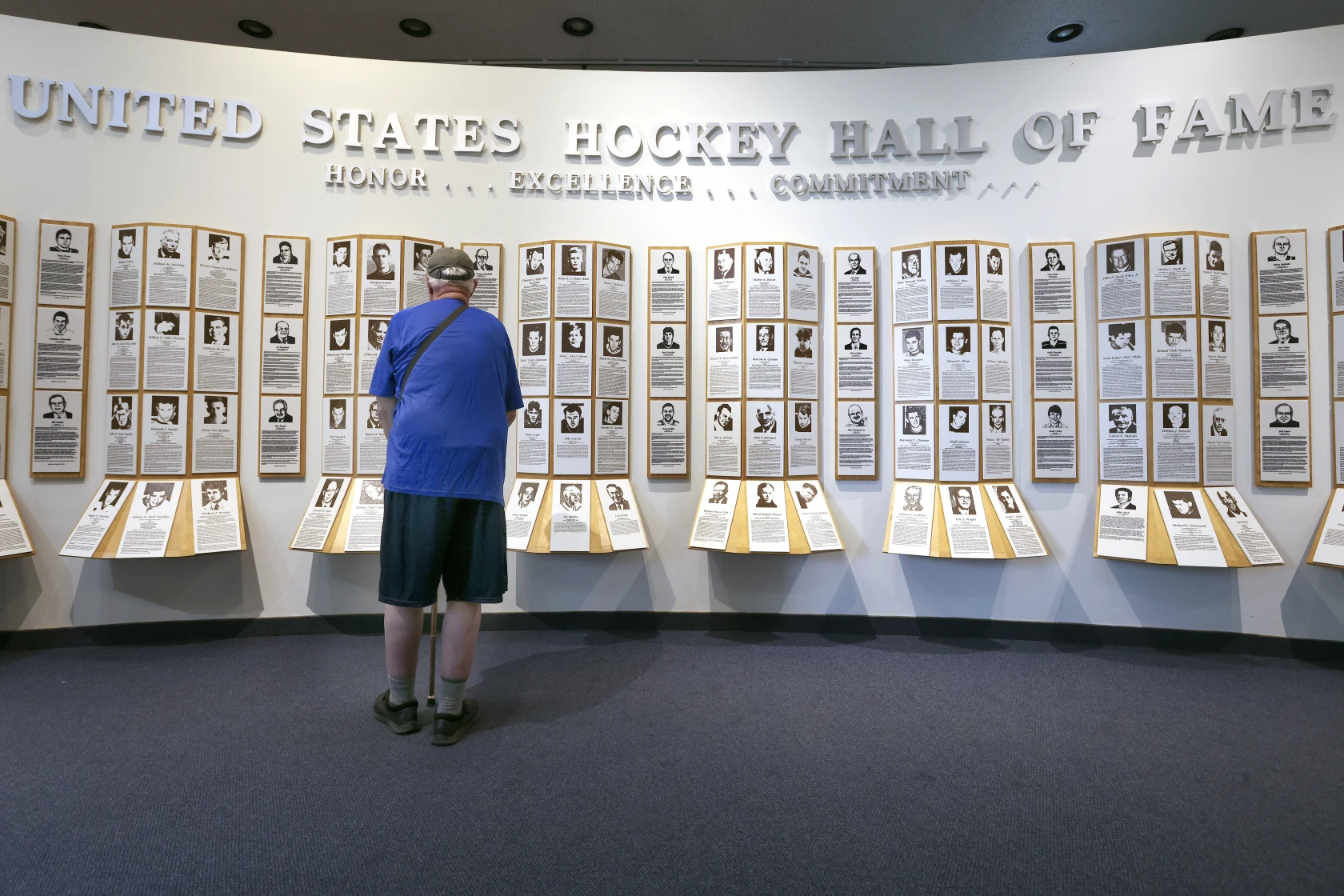 Peter Mattras, of Colchester, Connecticut, visits the U.S. Hockey Hall of Fame. "I watch hockey all the time," he said. "I just love it. I like the '80 Olympics because that was the greatest team, I love that one." The retired Mattras, 68, travels around North America in a touring van. Steve Kuchera / Duluth News Tribune